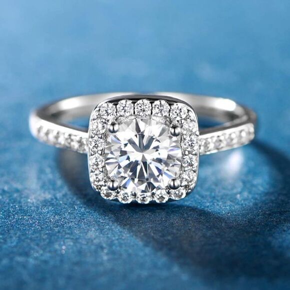 Silver Rhodium and White Diamond Cubic Zirconia Square Halo Ring - Picture 3 of 13